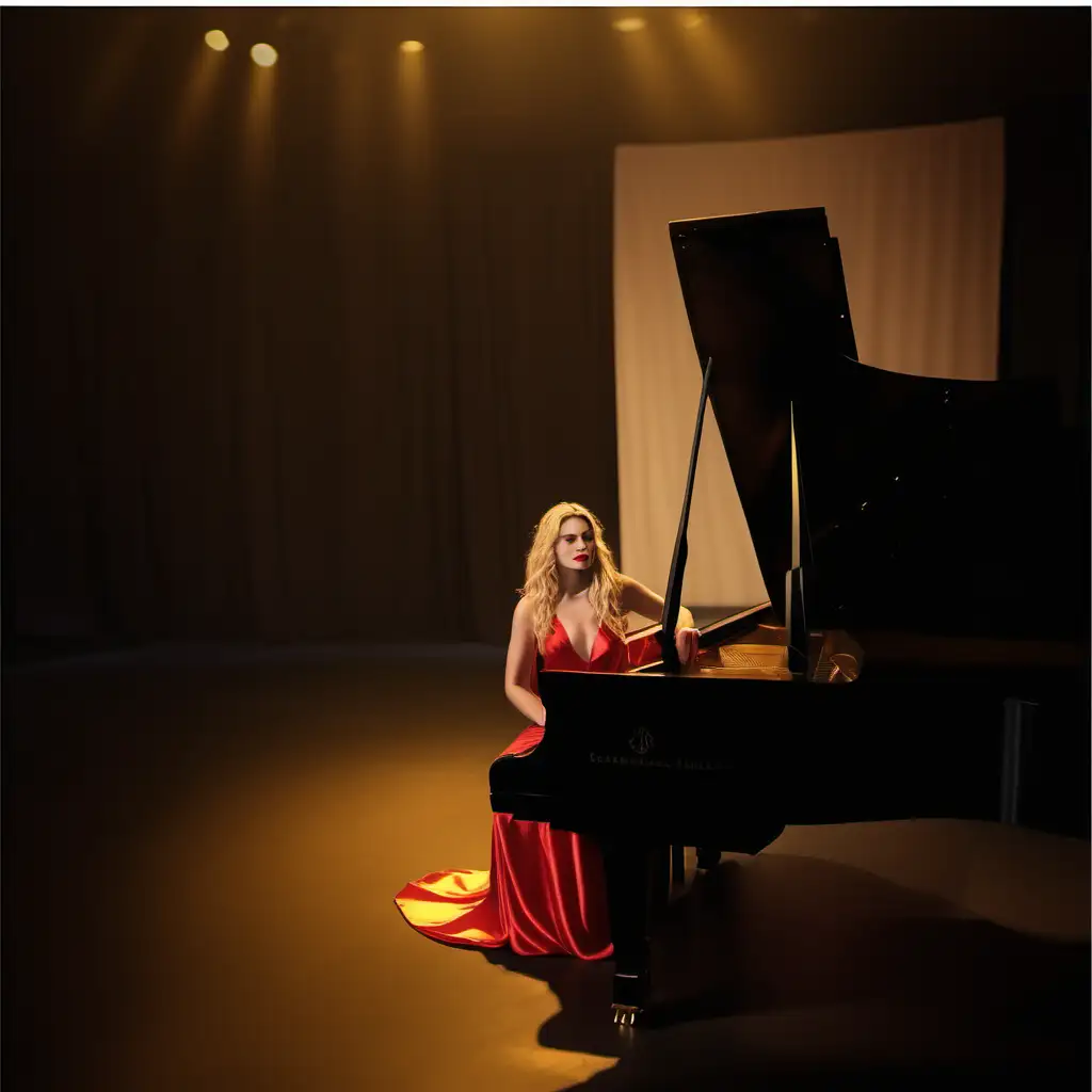 Create a photo realistic image in 4k: a 30 year old women, long blonde hair, red lips, red satin v neck dress same color as her lips, playing a black grand piano on a large empty stage.