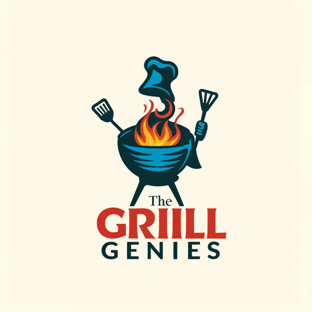 a logo design,with the text "The Grill Genies", main symbol:Genie coming out of a standing BBQ,Moderate,clear background