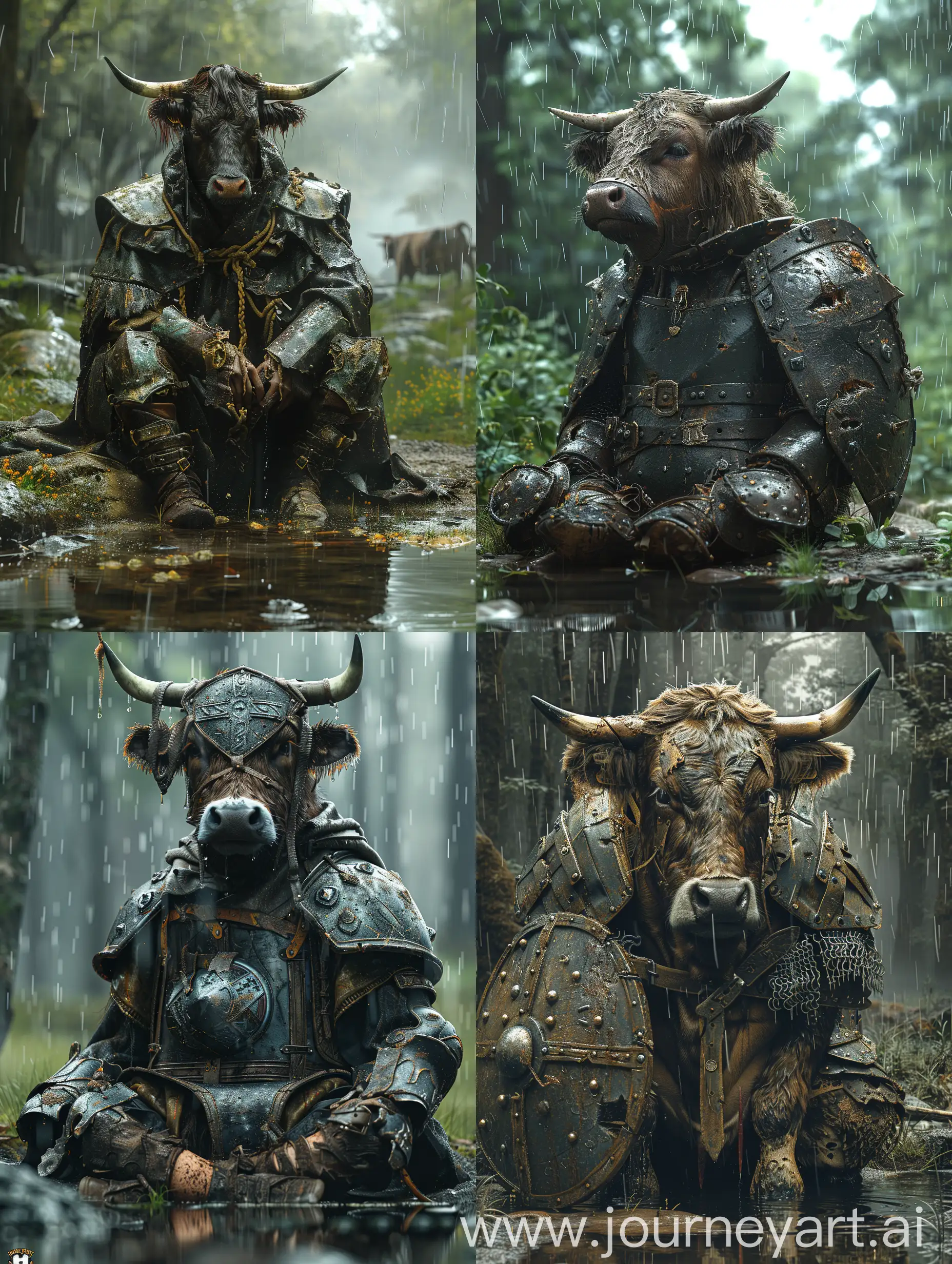 realistic image of cow wearing worn-out medieval armor sitting tired and exhausted, injured from battles in the middle of a forest, with effects as rain, thunder, fog, reflections in pools of water, and raindrops on the armor. realistic creative touches, amazing image that competes with international images. details of the animal and the shield, clear traces of the battles the animal fought.scratches, holes and traces of rust on the armor. Some broken and missing parts of tHE SHIELD  --style raw --stylize 750