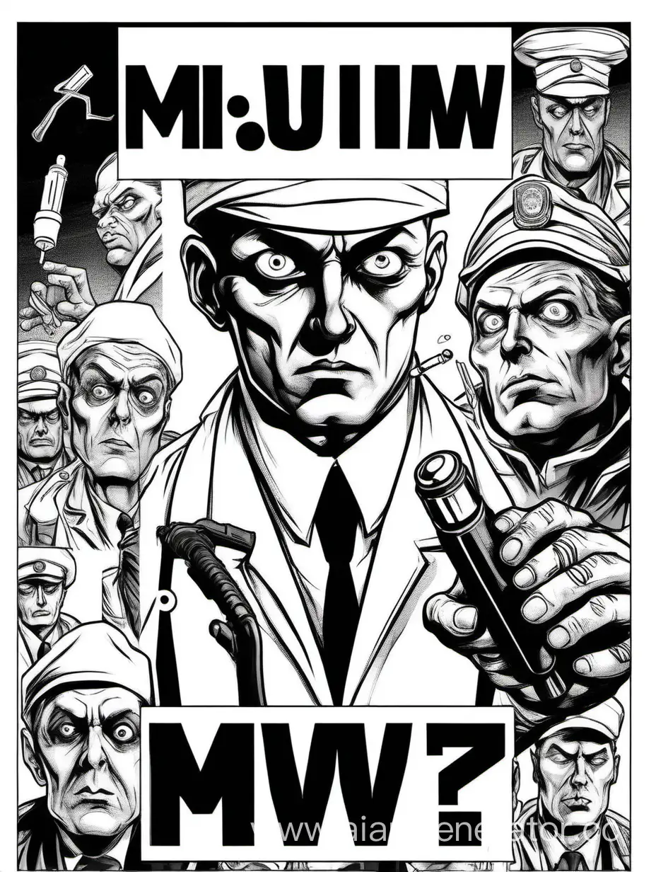 Обложка для книги, Психиатр с глазами пришельца в белом колпаке и русский полицейский со шприцем, заголовок - MIW, отличное качество, черно-белый комикс
