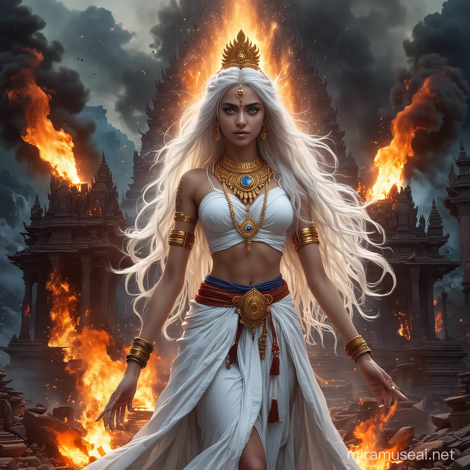 Mystical Hindu Empress Summoning Cosmic Fire Energy in Kaliman War