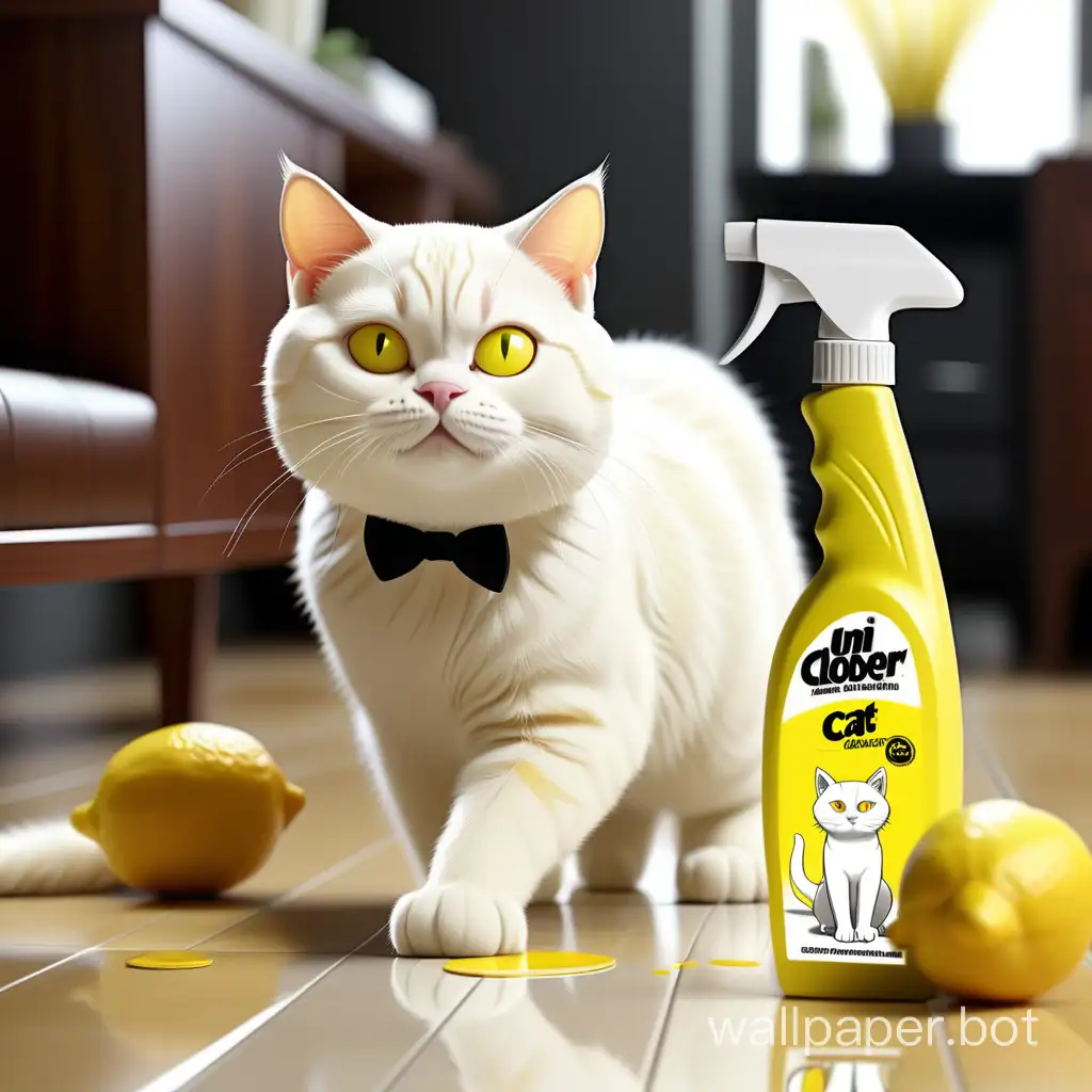 Uni Clober 550 ml. Средство против запахов кошек, бутылка триггер жёлтого цвета, Белый кот в костюме с логотипом Microhim ,идёт по красивой комнате, на полу много лимонов, кот весельчак, блеск полов.