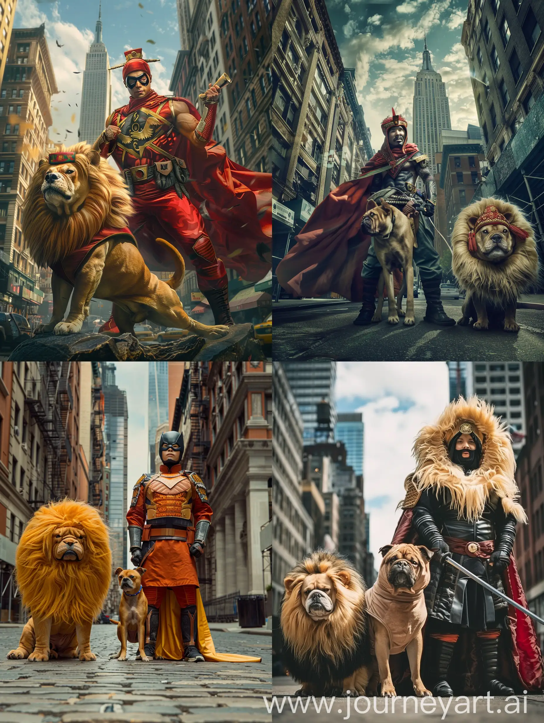 asian american super hero in the middle of manhattan fending off evil ninjas with his sidekick pekinese in a traditional lion costume