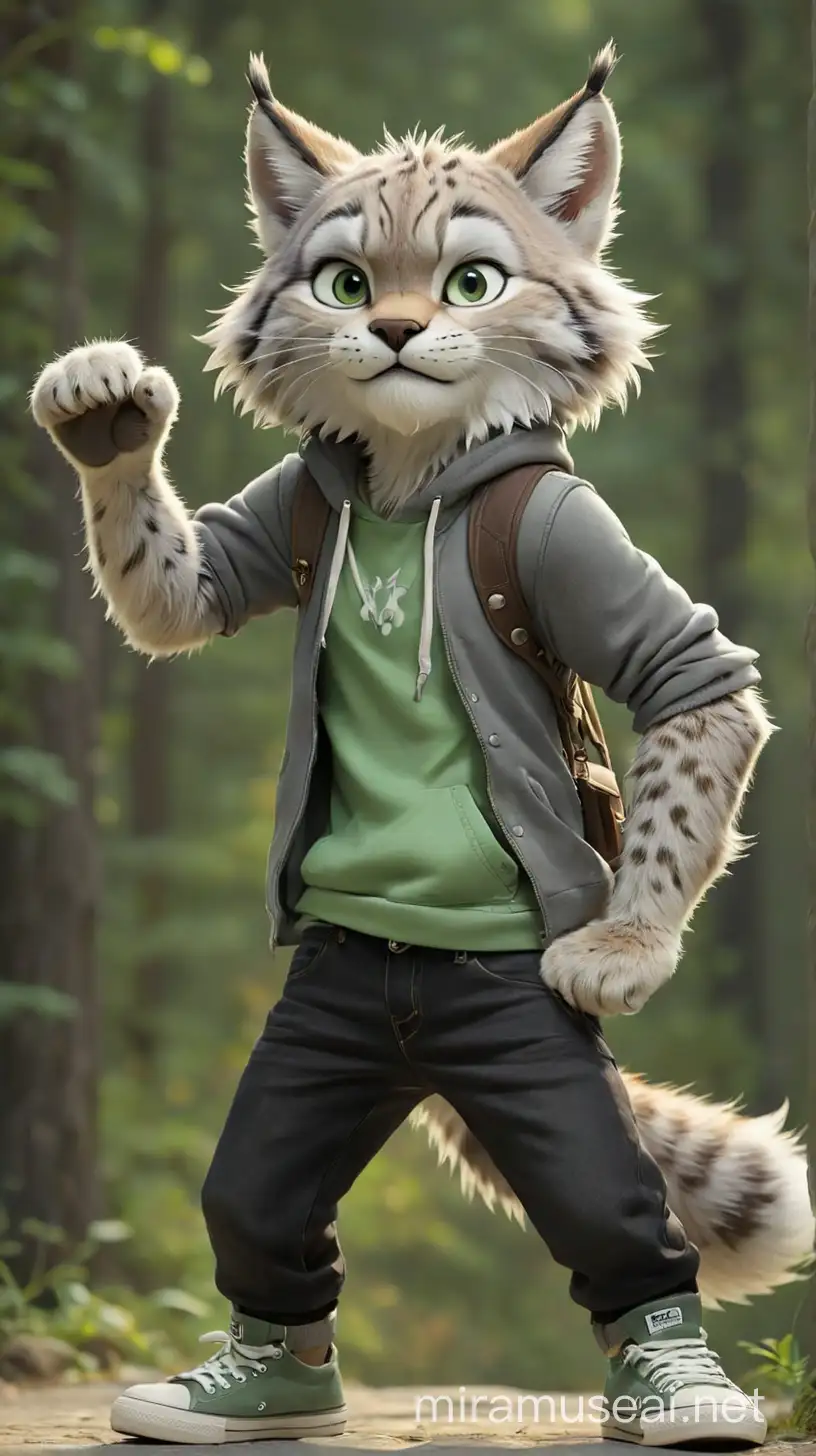 furry, lynx, male, light grey fur, short whiskers, white spots across body, casual clothes, black top, light jeans, green converses, green eyes, neutral face, big eyebrows, black eyebrows, white ears, little tail, fluffy, hd, detailed, small head, fluffy paws, one arm waving over head, second arm cross body, furry legs, sport build