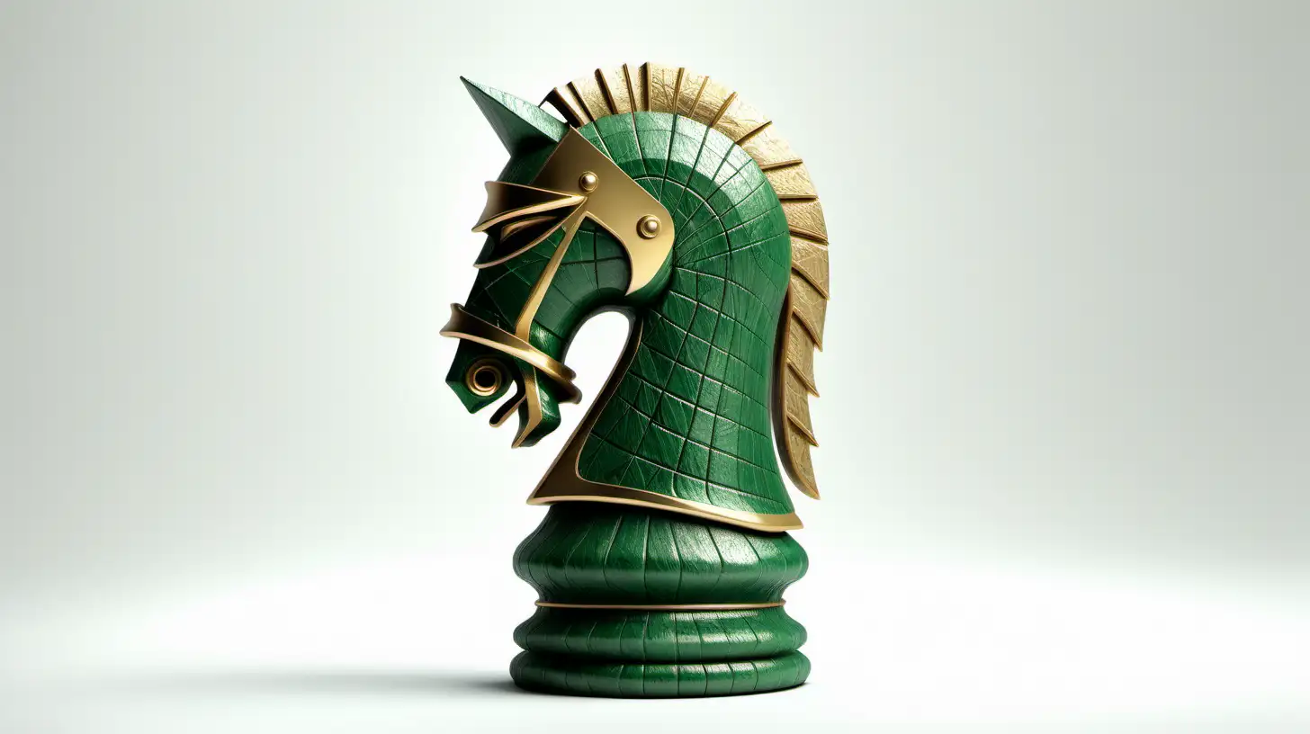 Dramatic 3D Knight Chess Piece in Green and Gold on White Background