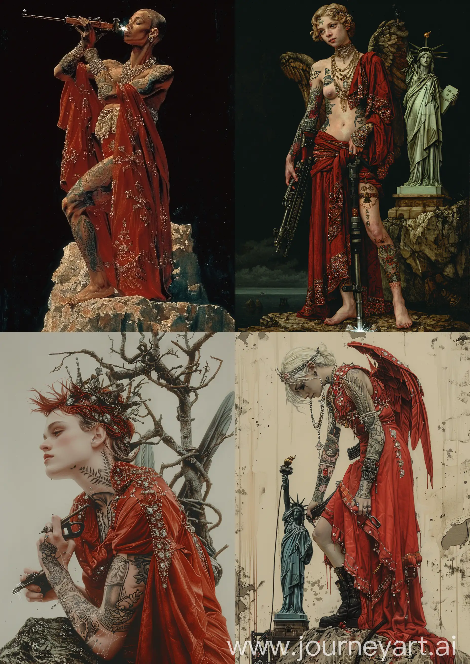 Edward Burne-Jones painting of a tattooed female angel warrior wearing red clothes ornate in diamonds, silk and robes, standing on a rock like the Statue of Liberty and welding a kalashnikov, high tones, high detailed, full body —c 22 —s 750 —v 6.0 —ar 5:7