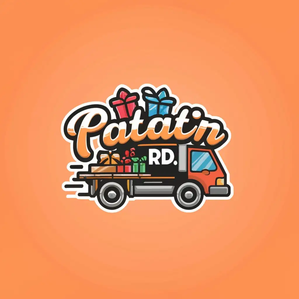 a logo design, with the text Patatin, main symbol: a logo design, with the text 'Patatin RD', main symbol: A round logo with the back part of a truck full of girl items for gifts. Palette of colors: #ff6a00 for the background, #32302e for the text color used on the logo name. Moderate, will be used in Retail industry, clear background, Moderate, will be used in Travel industry, clear background
put Bueno Bonito Barato below

