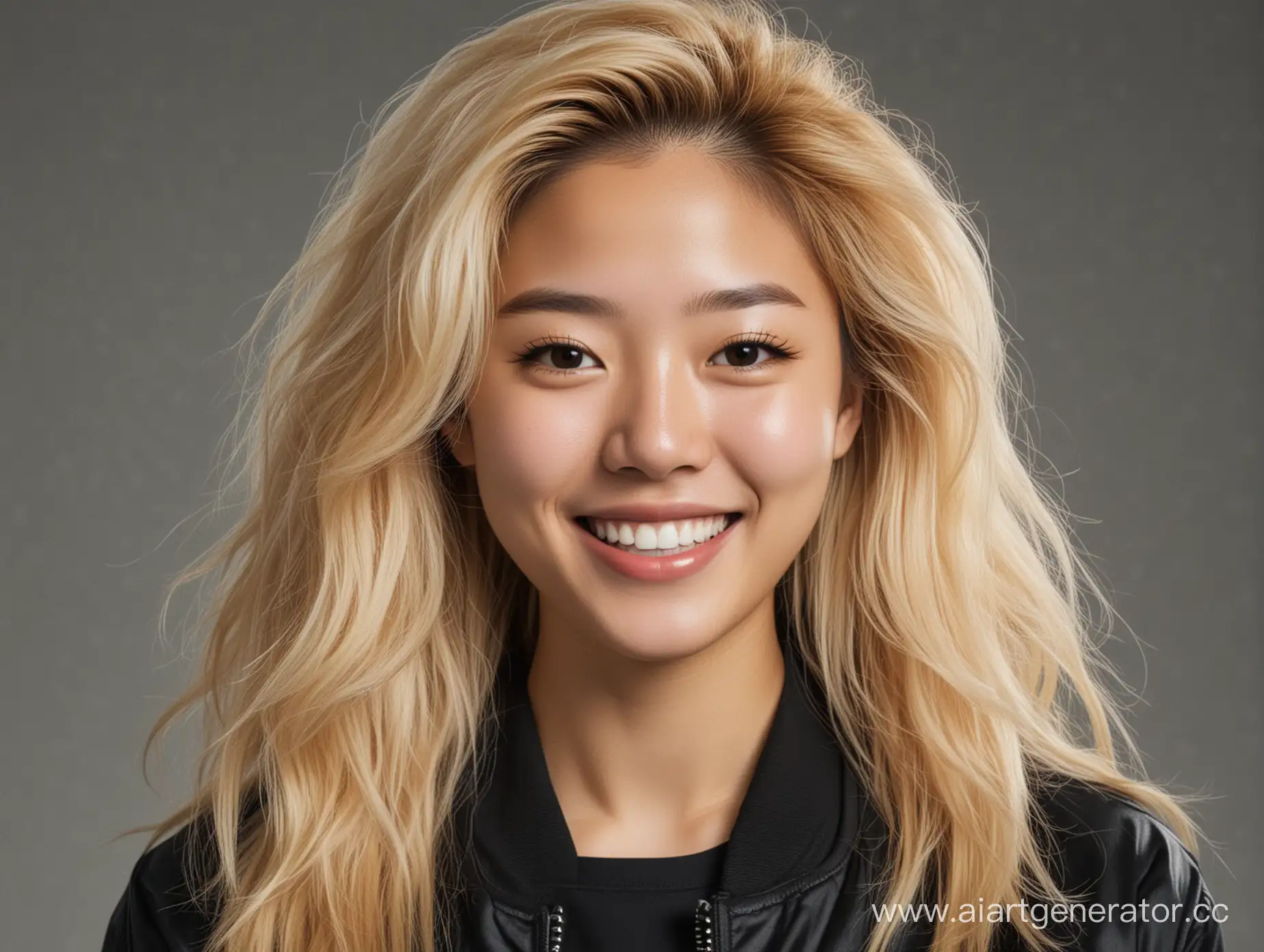 Сгенерируйте mugshot молодой американизированной кореянки 20-23 лет с объемным блонд карэ. Одета в черный бомбер. Важно, чтобы ее искренняя улыбка выражала оптимизм, несмотря на обстановку