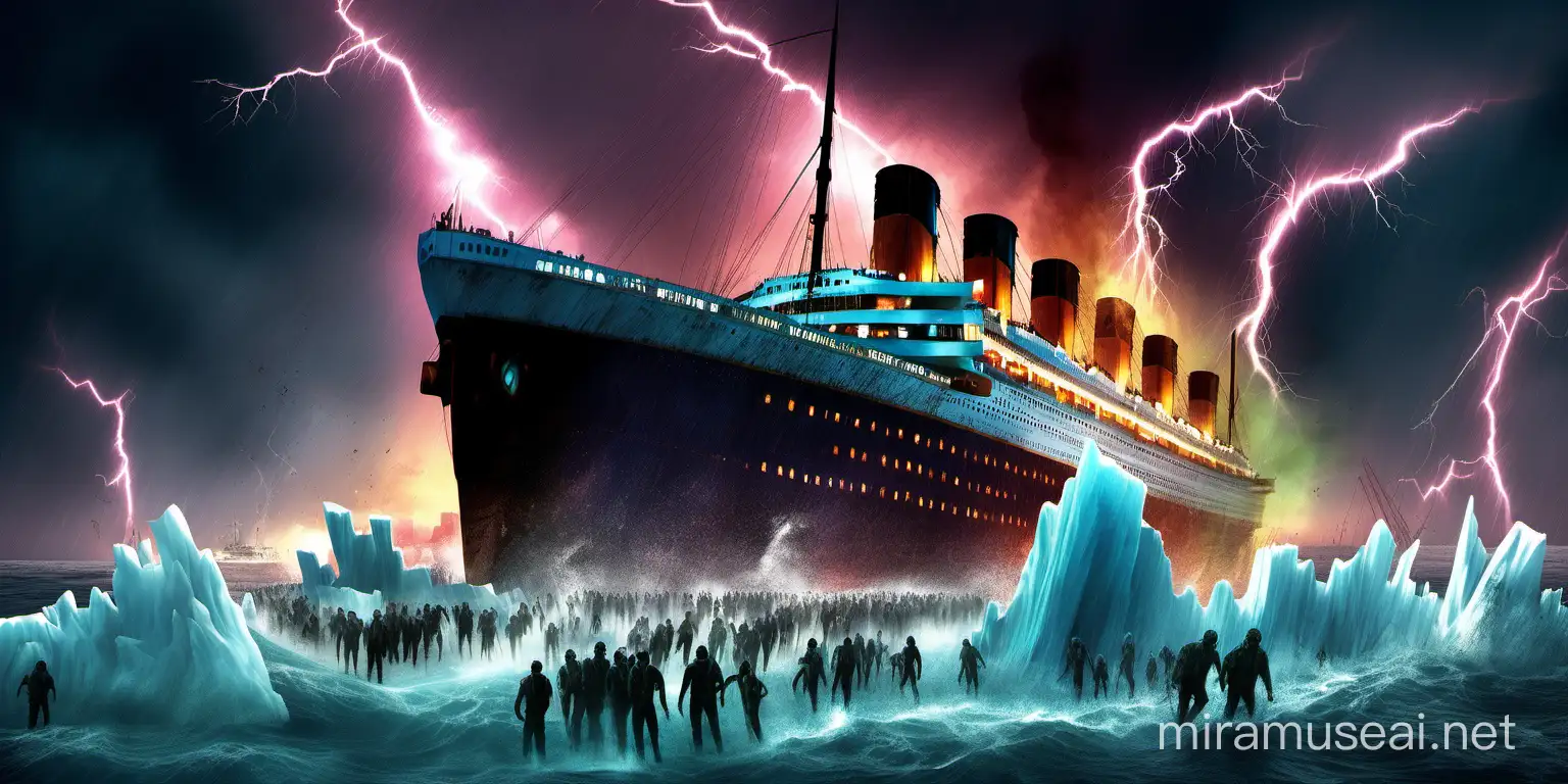 concept art, the Titanic envahit de zombies qui festoient qui rencontre un énorme iceberg, des éclairs et de la fumée en couleur partout