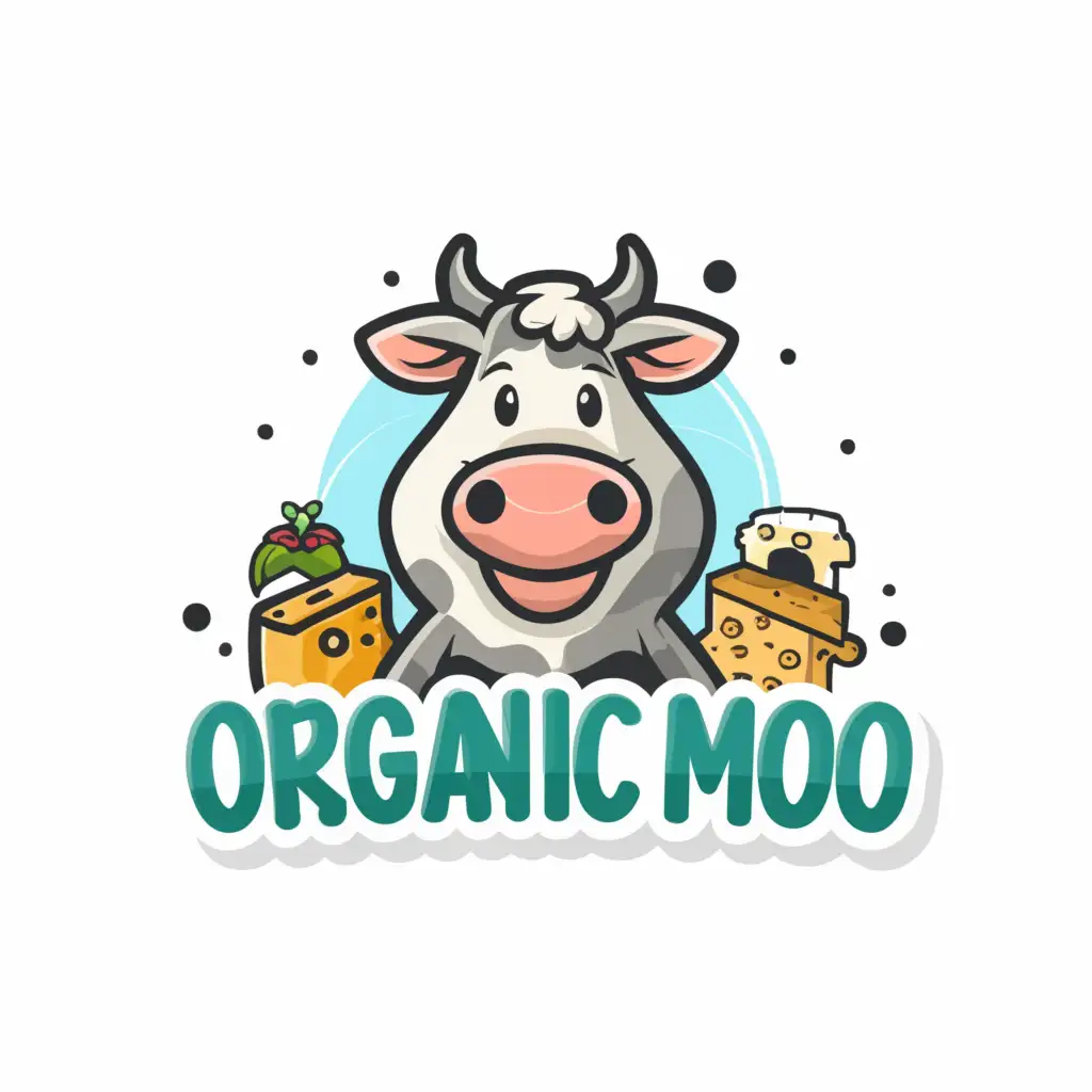 a logo design,with the text "organic moo", main symbol:happy cow, milk and products,Moderate,clear background