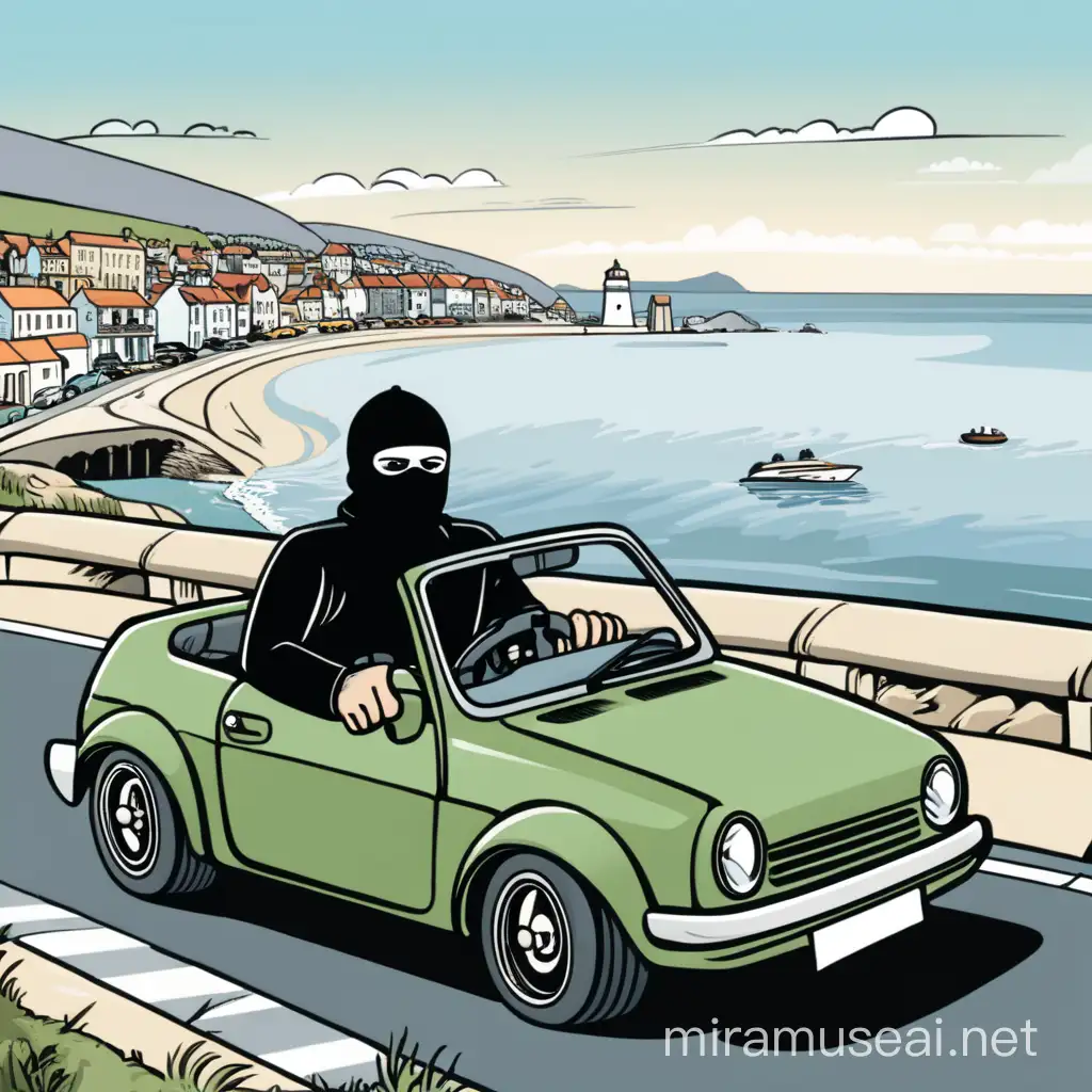 cartoon hooligan with balaclava, driving a car, with seaside in background
