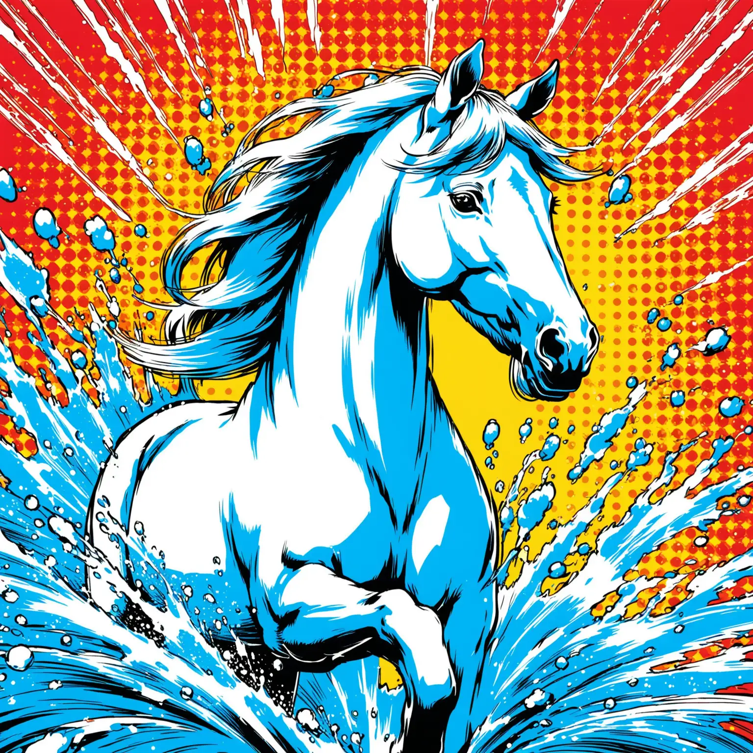 White horse splashing in paint, mounting , enjoying himself, pop art theme, Wham!, comic book illustration, bokeh, artistic, detailed 