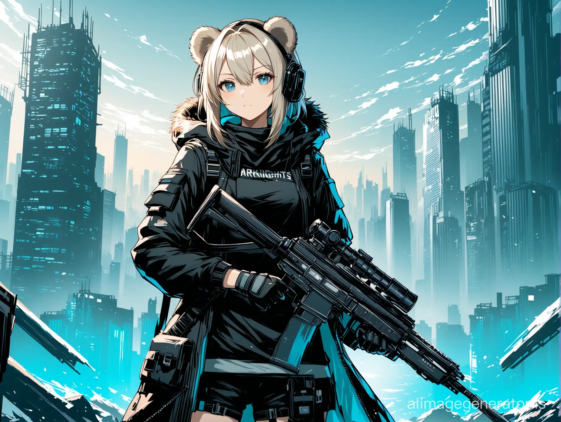 Arknights, (((Arknights))) ursus girl, bear ears, with a weapon, against the background of the city, black clothes with blue elements