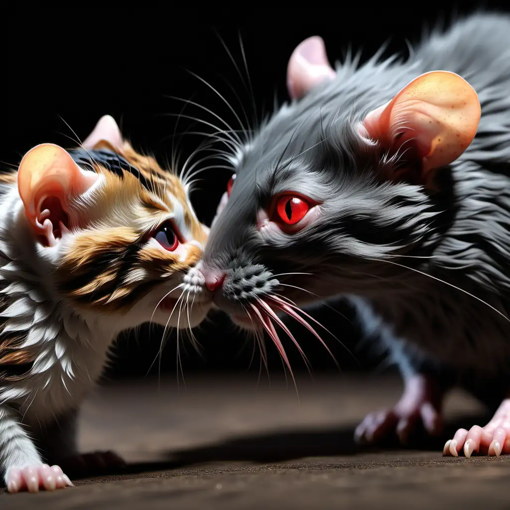Generuj ultra realistyczne zdjęcie w rozdzielczości 8K, na którym szczur po prawej stronie ma czerwone oczy całuje kot" --V 6