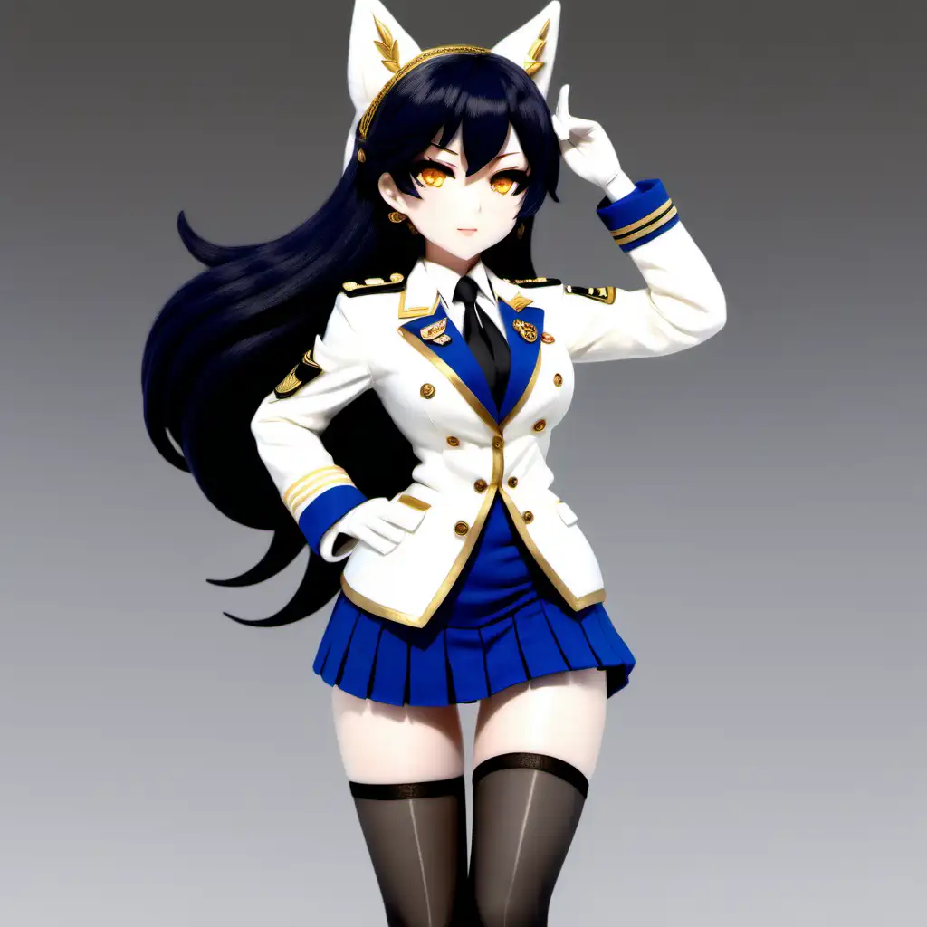 Needlefelt sculpture, Atago (azur lane), azure lane proportions, mature female, black hair white military dress jacket with closed collarwith gold buttons and gold trim, white mini skirt, black stockings, white high heels, wolf ears, wolf tail, amber eyes