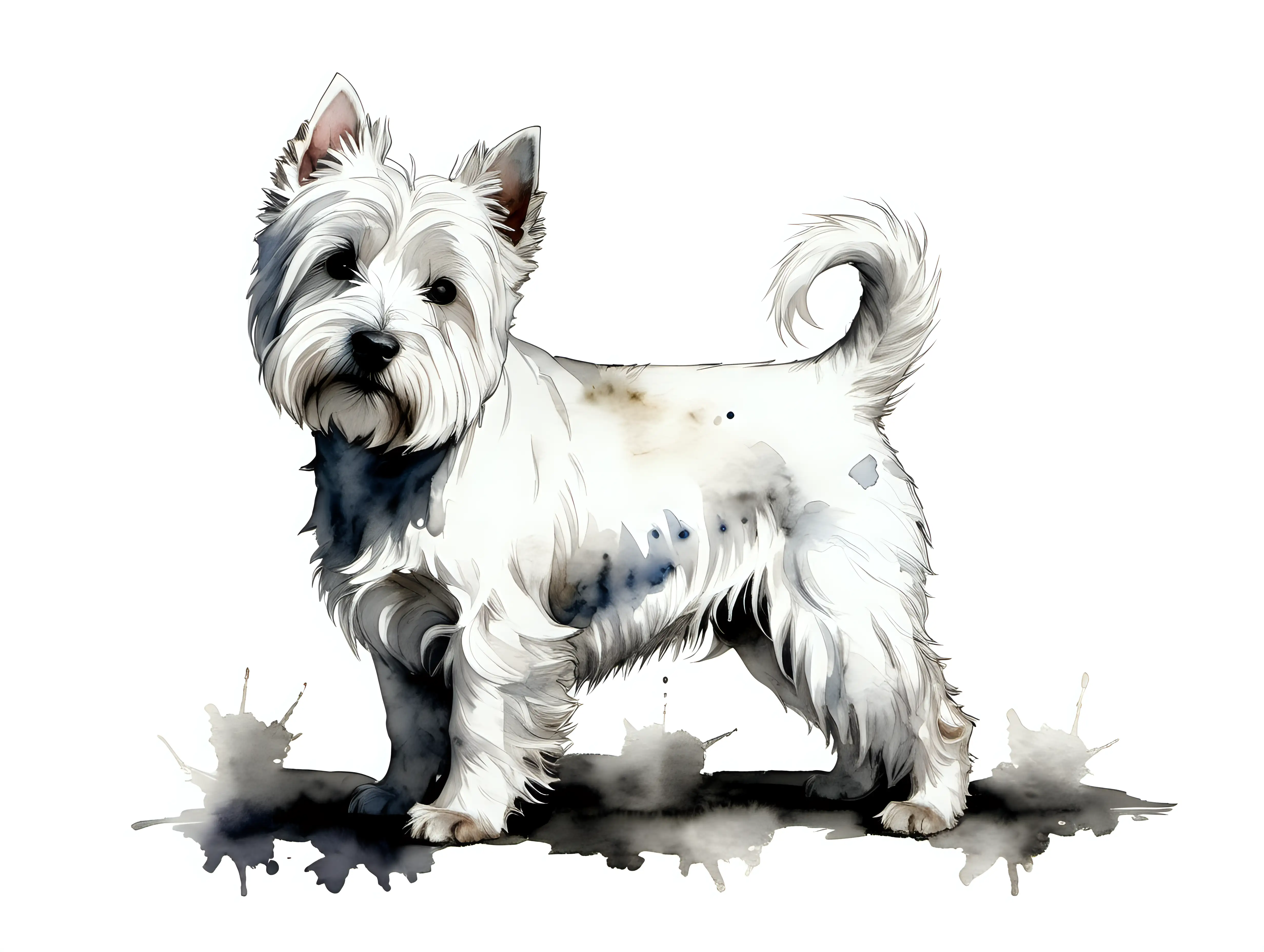 softly watercolored West Highland terrier full body, against white background dark