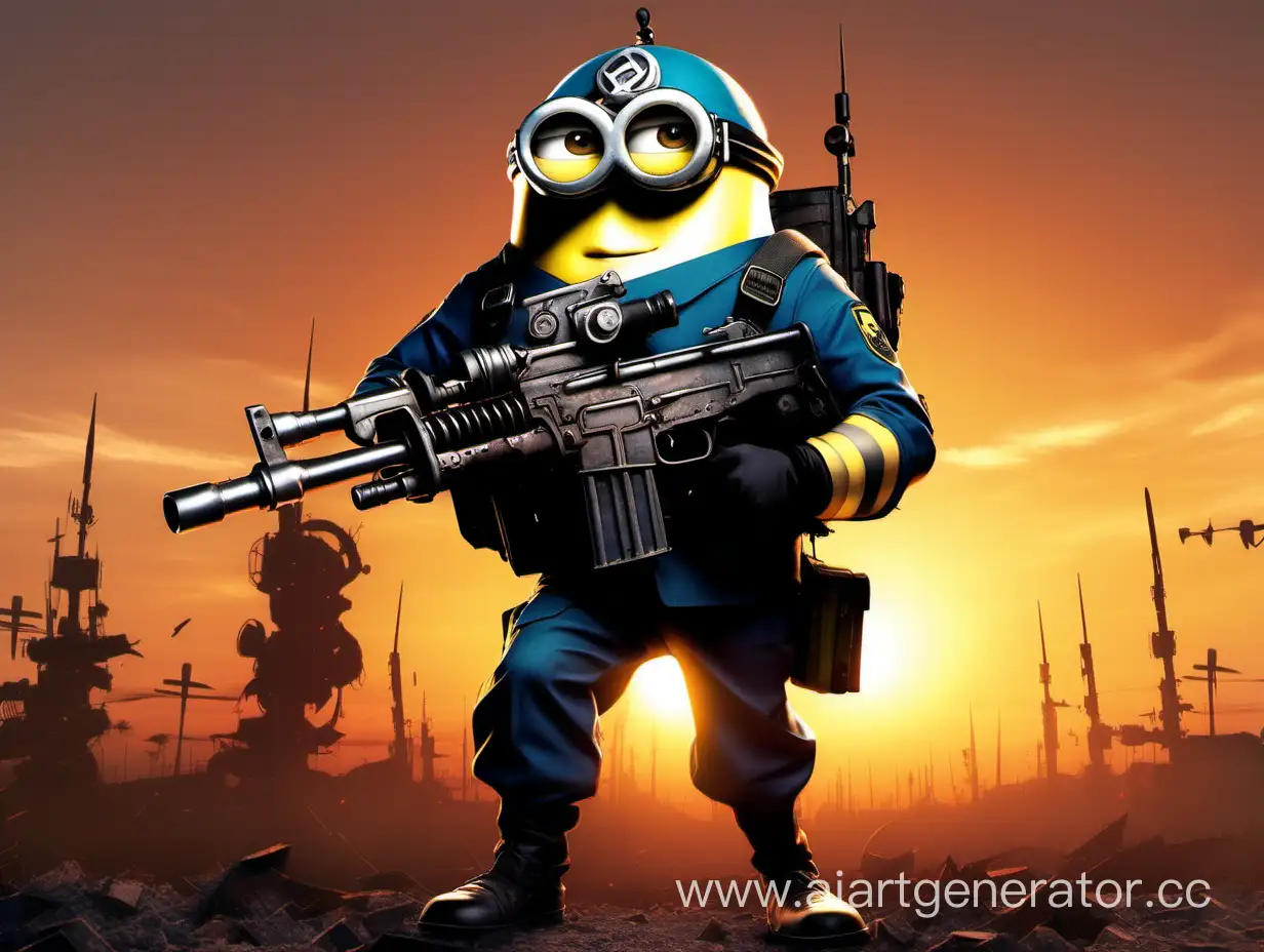 Anime Minion Warrior in Sunset Battle with Minigun | AI Art Generator