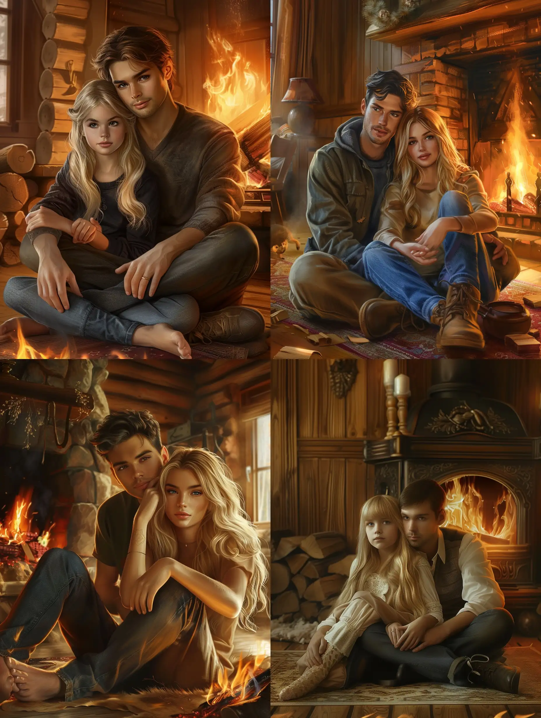 A man and a girl sitting on the floor by a burning fireplace in a cozy romantic atmosphere the girl has beautiful blonde hair faces look into the camera well seen realistic yoto with details 