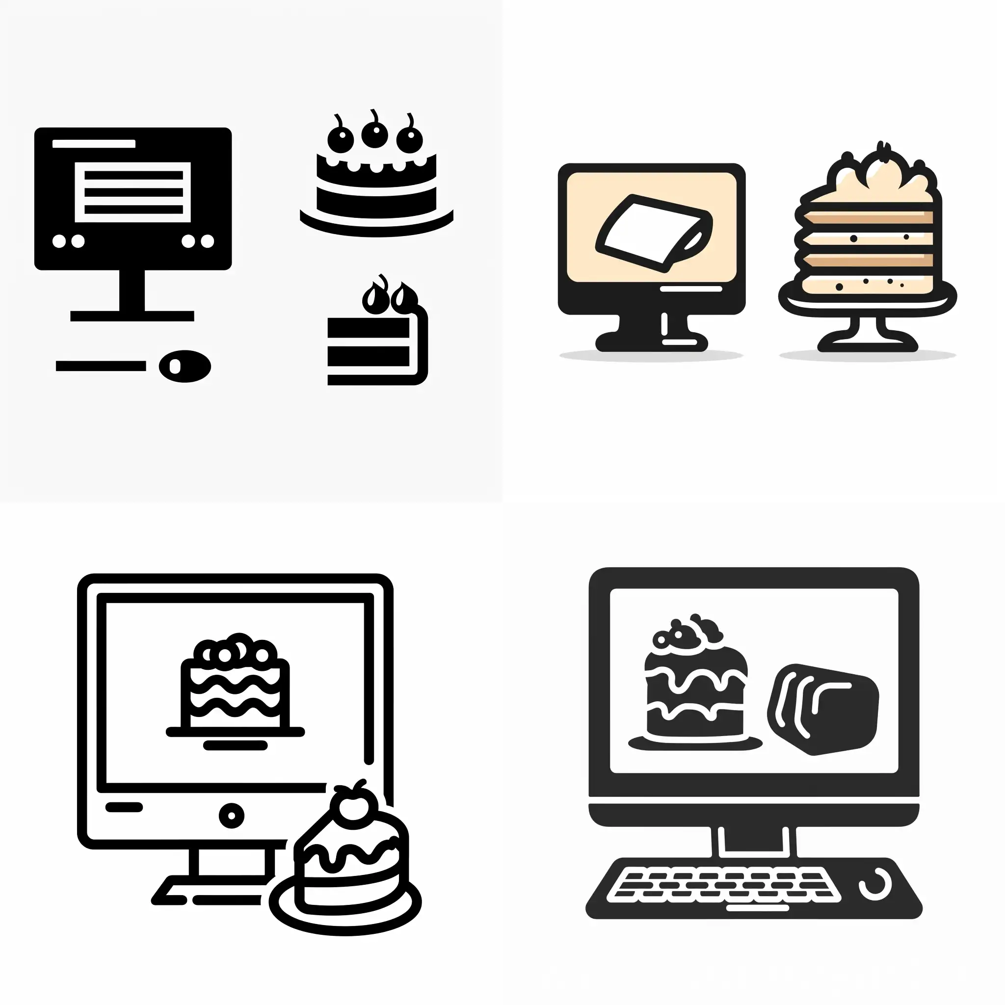 simple ui icon for merge of computer and sweet cake, low detail, black, white background