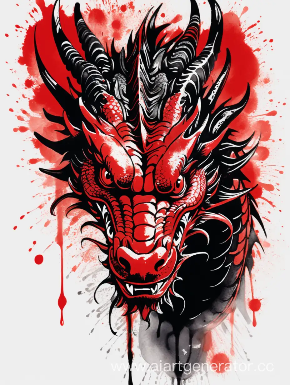 front head of dragon, drip chinese ink painting in red, black, energetic gesture, stencil, sticker style