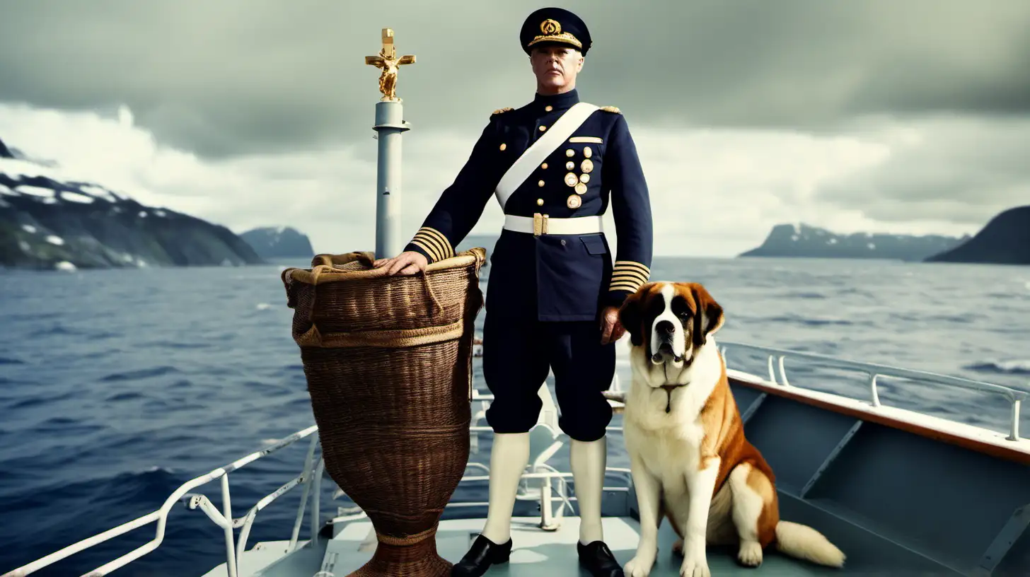 An image of a Captain in the  Royal Norwegian Navy during World War II doing naval patrols a colorful HD image in a standing position, with a Saint Bernard dog next to him