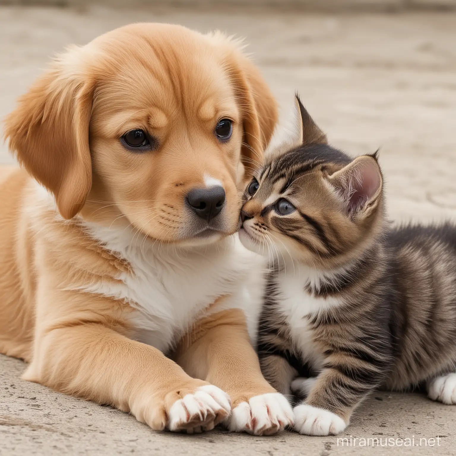 Adorable Puppy and Cat Playing Together