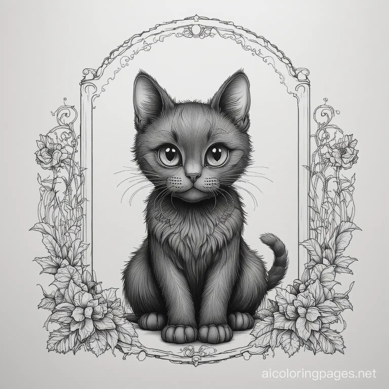 Gothic-Black-Cat-Coloring-Page-Simple-Line-Art-on-White-Background