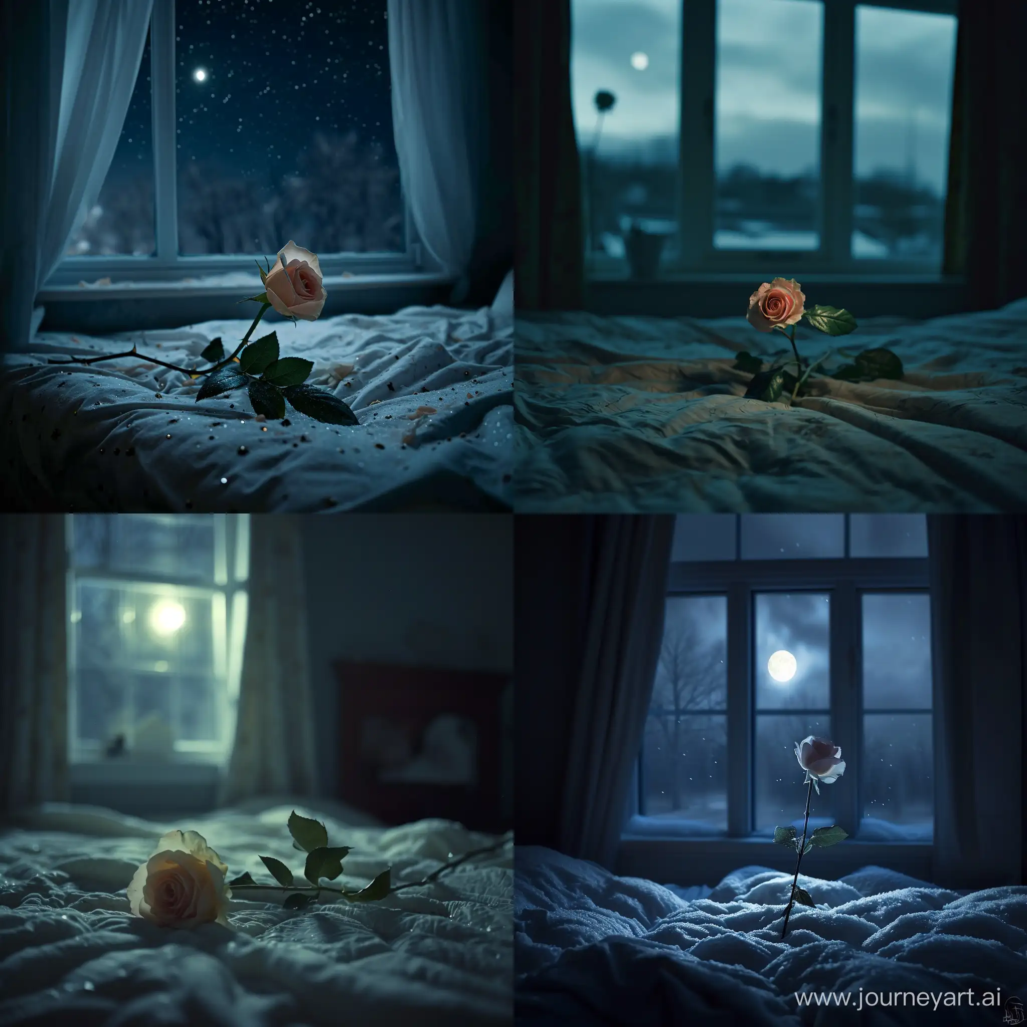 one rose flower on a spread-out bed in a dark bedroom, the light of the moon and stars from the window, a winter night