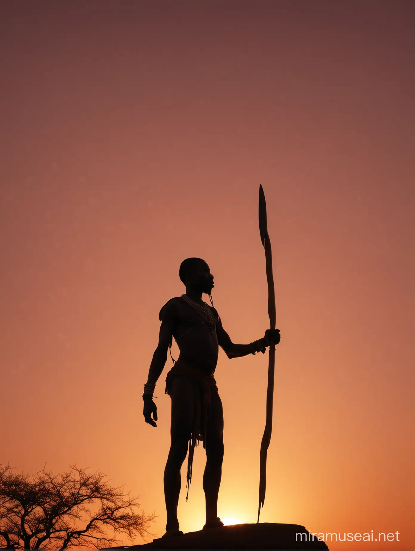 An African Dinka man, in silhouette, holding 
a wooden spear, standing on a rock outcropping in Africa against a red sunset.