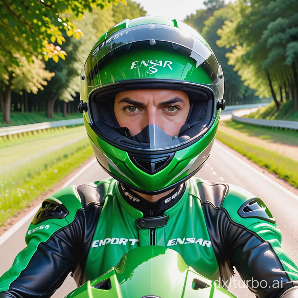 A motorcyclist's head is the only thing visible. Behind the motorcyclist are green trees and grass. The nature is so green that it reflects very little on the motorcyclist's helmet. The helmet of the motorcyclist is a supersport helmet, and 'Ensar' is written on the top of the helmet. The motorcyclist's head is slightly turned towards us.