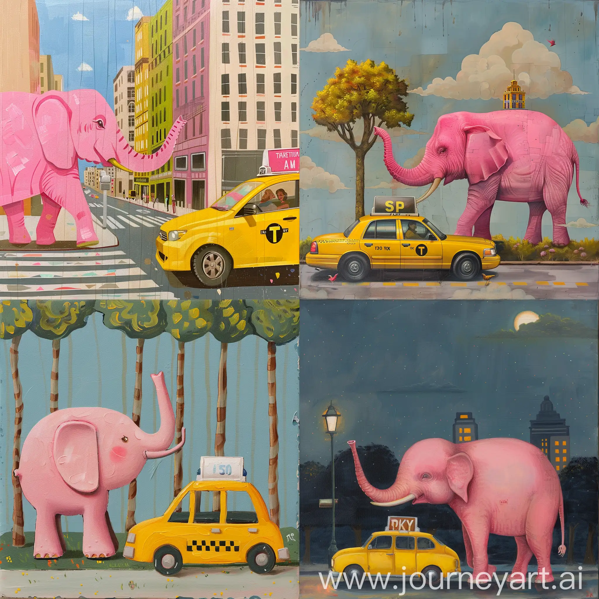 Whimsical-Encounter-Pink-Elephant-and-Yellow-Taxi-in-Urban-Wonderland