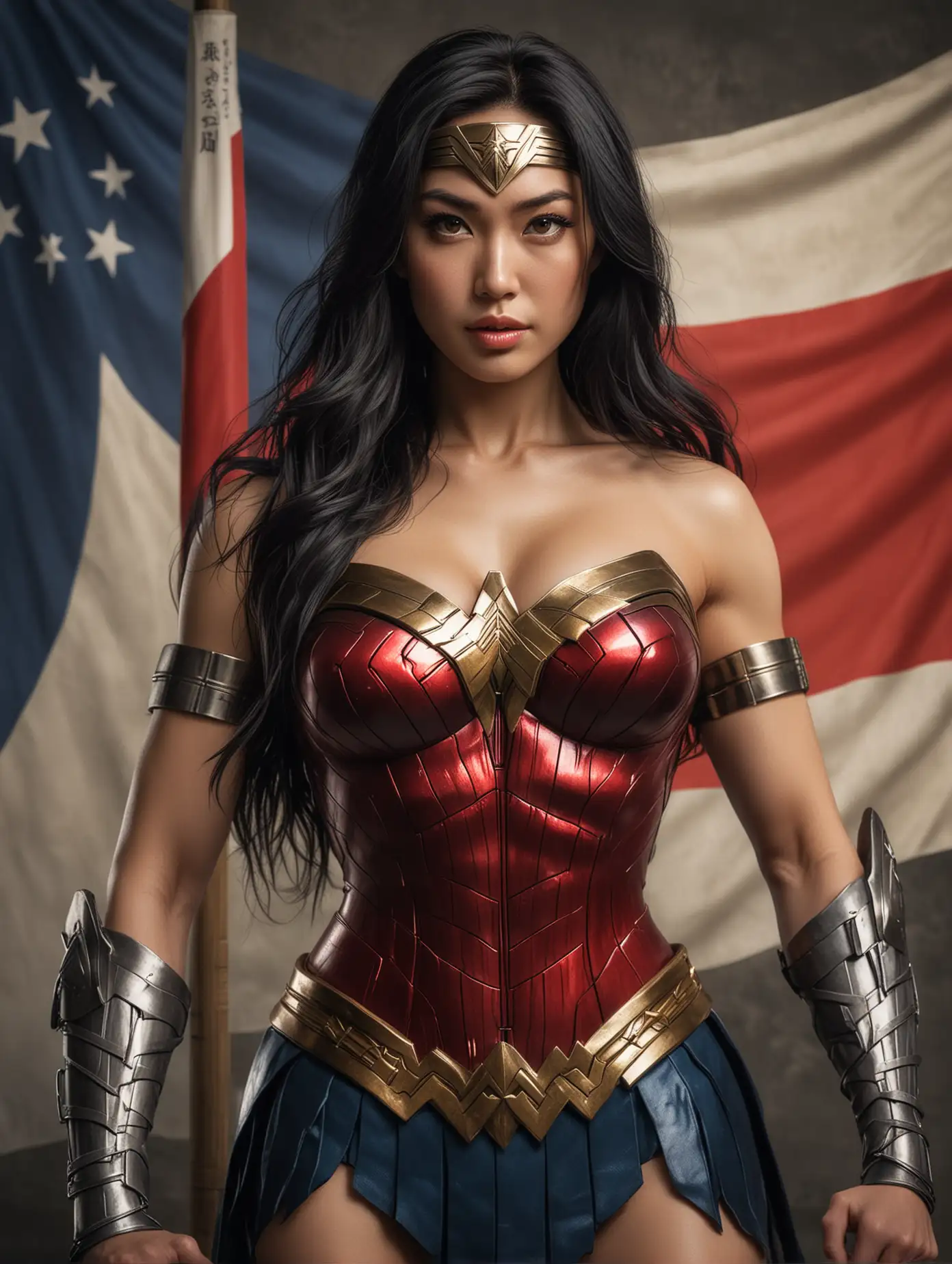 close up portrait of a well built, thick, Japanese wonder woman, closeup front, heroic pose, long straight black hair, folded arms, large chest, wearing a wonder woman outfit, background is a close up of Japanese flag, (masterpiece:1.0), (best quality:1.0), flash photography, realistic, dramatic lighting, analog-photo, artstation, concept art, smooth, sharp focus, award winning work