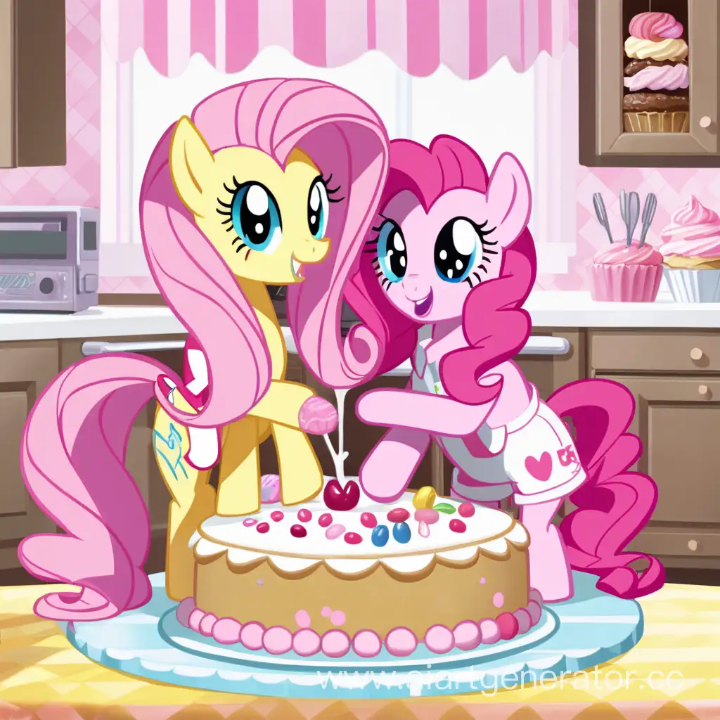 Fluttershy and Pinkie Pie bake a cake