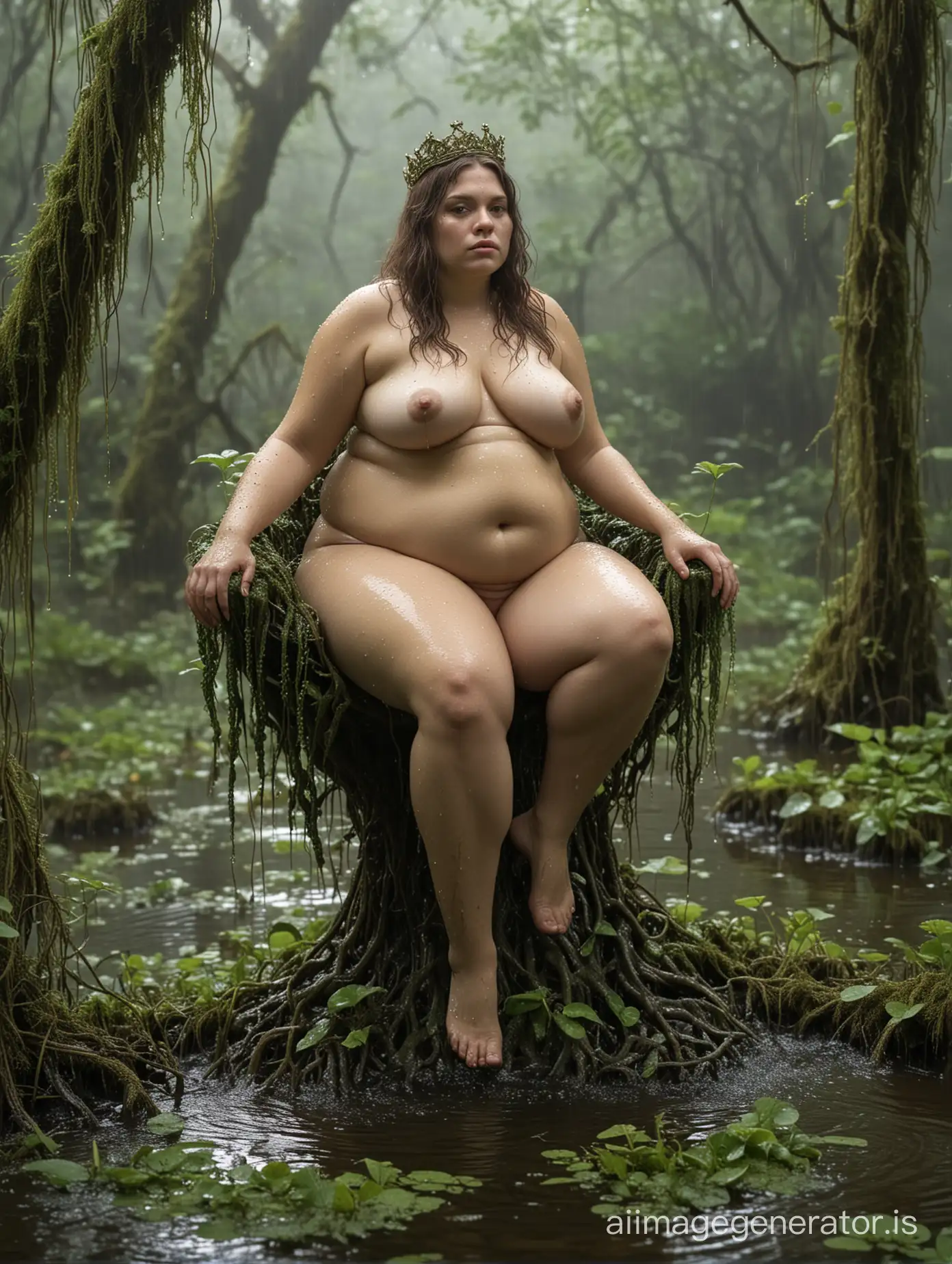 the fat young woman, frog queen, sitting scantily clad on her large vine throne in the swamp, her legs spread. Frogs all around her. viny hair, glistening wet skin, mossy, dirty, heavy rain