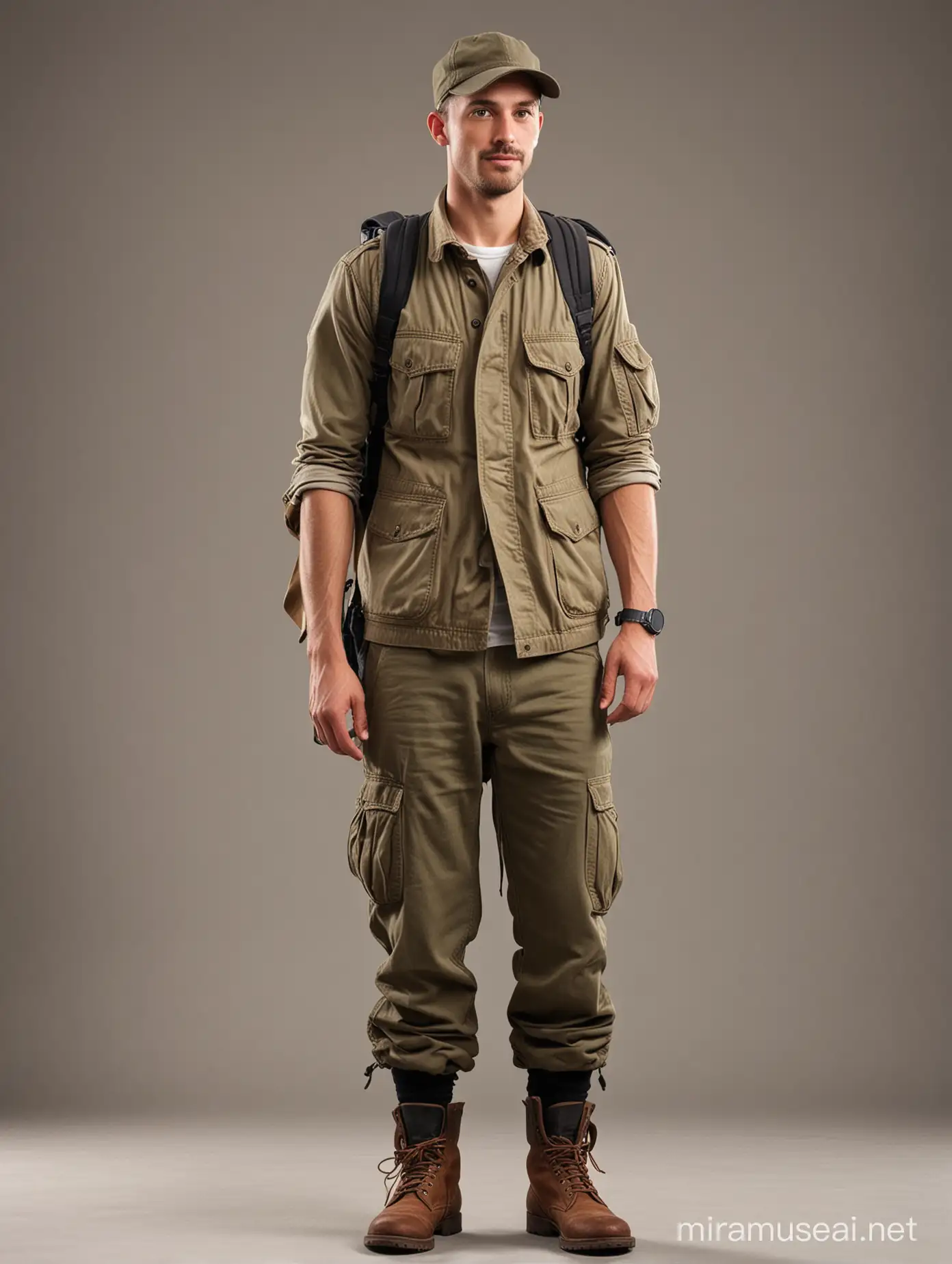 30 year old man, war correspondant, fit body, wear jeans cargo trousers and canvas military  khaki jacket, brown leather combat boot, black baseball hat, carryng photo camera, backpack, reporter, journalist, full body, head to toe

