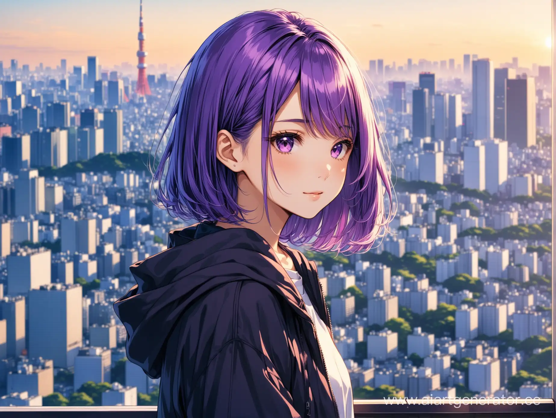 Девушк, фиолетовые волосы , 16 лет, на фоне современного Токио, средняя длина волос