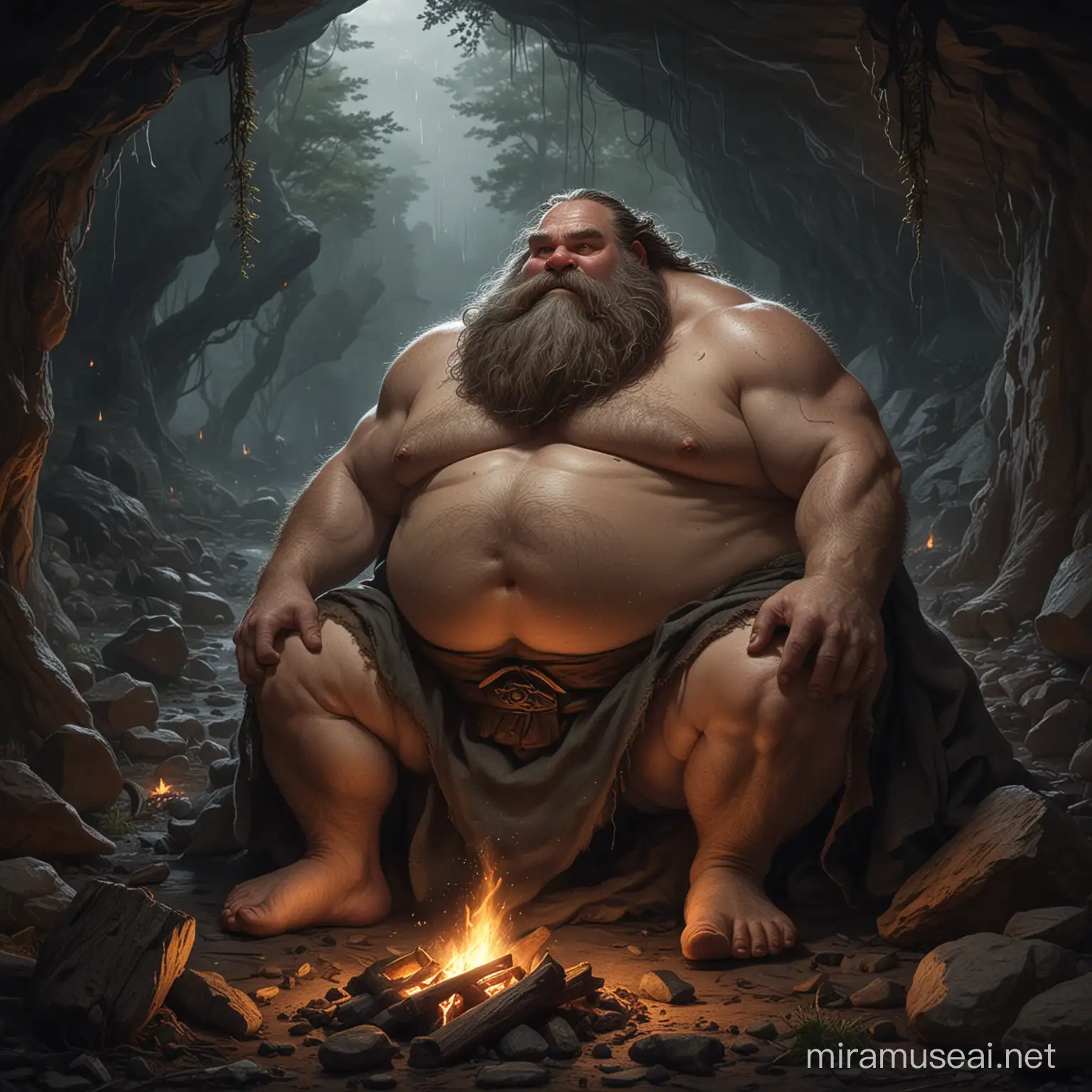 dwarf,forest cave,at midnight,bonfire,gigantic feet,thick feet,rough soles,loincloth,primitive,hairy,dumpy,chubby,shorty,long beard,rainy,lying on the ground,belly towards sky
