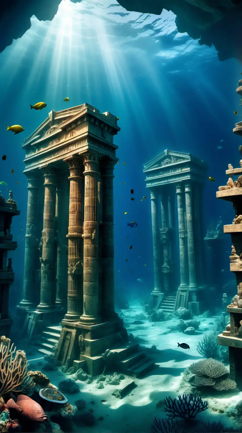 "Explore the depths of the ocean where the mysteries of Atlantis unfold, revealing ancient ruins and advanced civilization hidden beneath the waves."