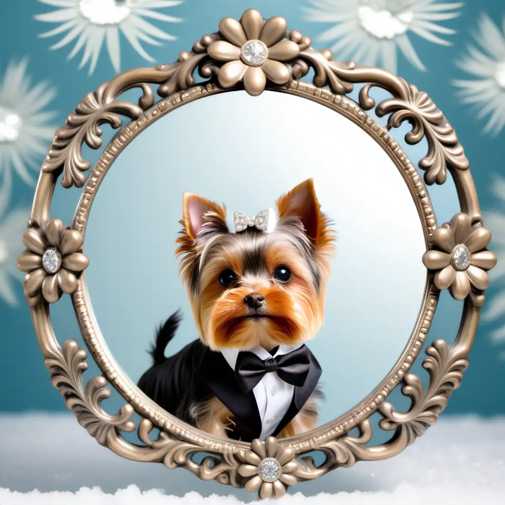 A antique fancy mirror with filigree and diamond frame with the reflection of a cute Yorkie, wearing a tuxedo,  sunny winter background with daisies