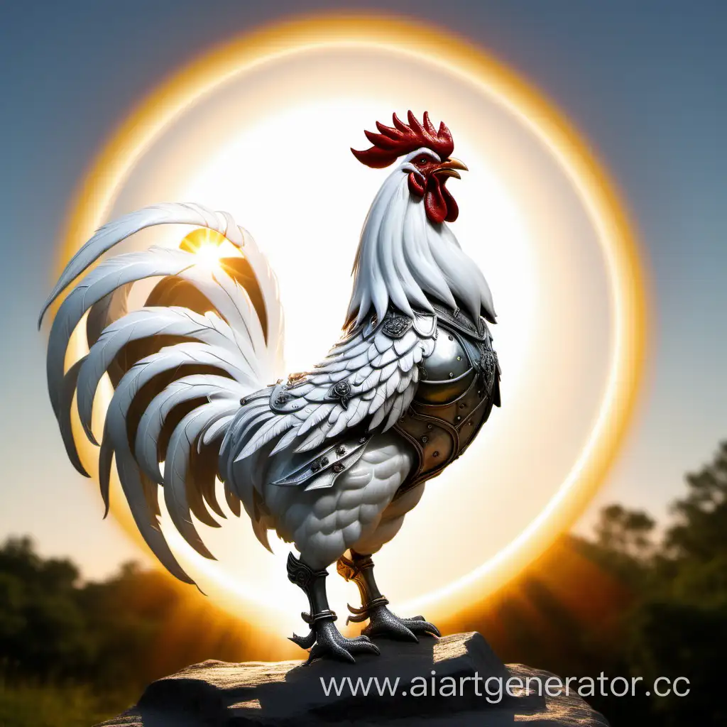 Radiant-White-Rooster-in-Armor-Silhouetted-by-the-Sun