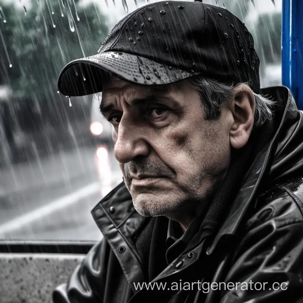 Мужчина лет 50, с щетиной на лице, с греческим носом, в черной кепке, сидит под дождем, на остановке, с грустным лицом. Обстановка мрачная и депрессивная.