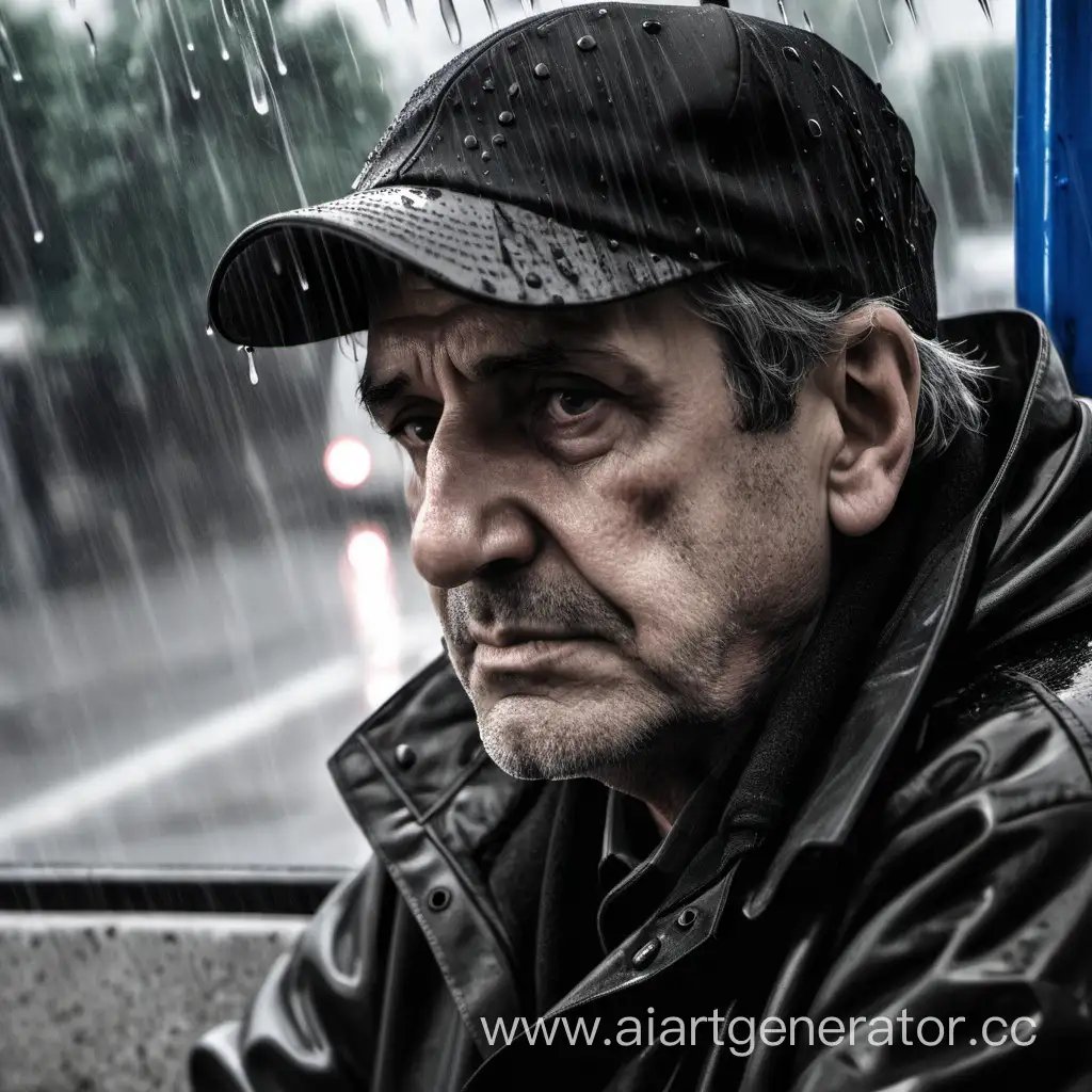 Lonely-Man-in-the-Rain-at-Bus-Stop-A-Somber-Scene-of-Solitude