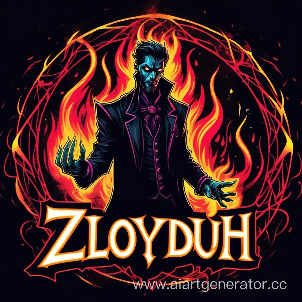 A striking and mysterious Gothic-style logo for ZLOYDUH, featuring a dark and brooding color palette with a touch of neon. In the foreground, a powerful magician with flaming hands stands majestically, his eyes glowing with an intense fire. The background is filled with a swirling vortex of dark energy, hinting at a mysterious and supernatural world. The overall atmosphere of the image is both captivating and enigmatic.