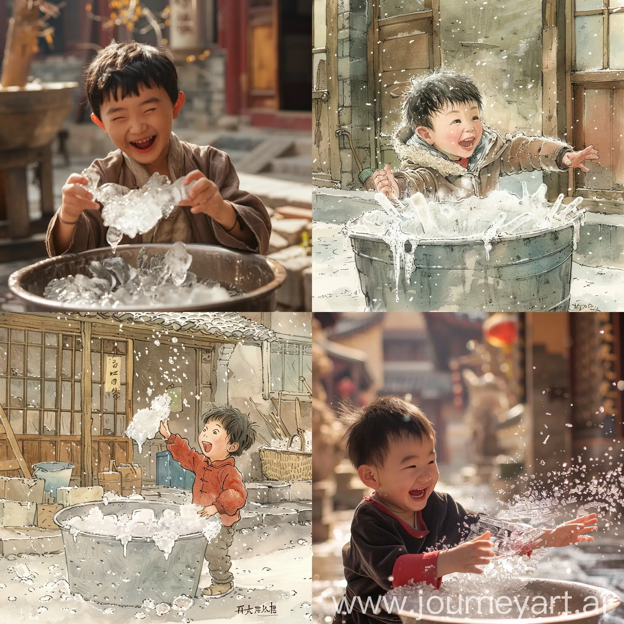 清晨，孩童从金属盆中取出夜晚结成的薄冰，显得兴奋而好奇 故事主题为一个中国宋代的富家少爷