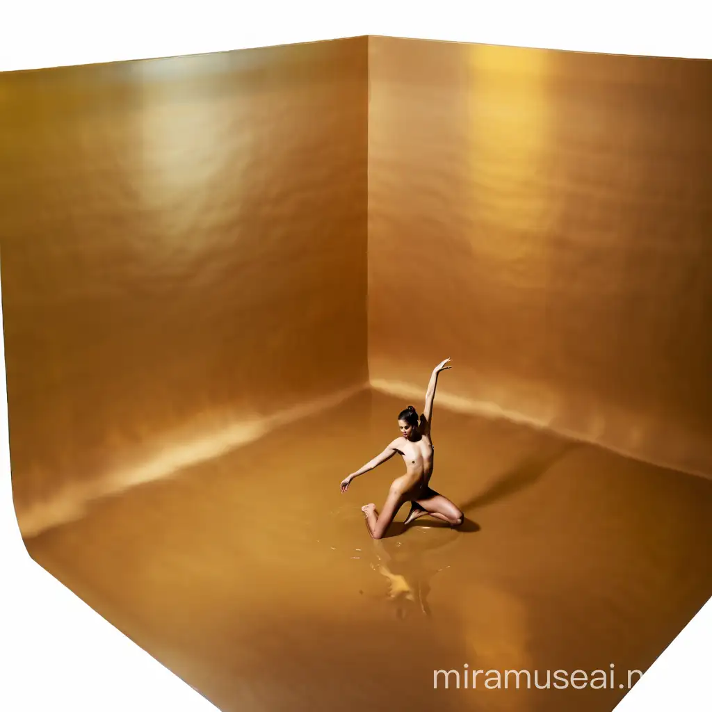 a naked, bold glass woman, standing on one leg in a dance pose, who is transformed into liquid water with a dark yellow background