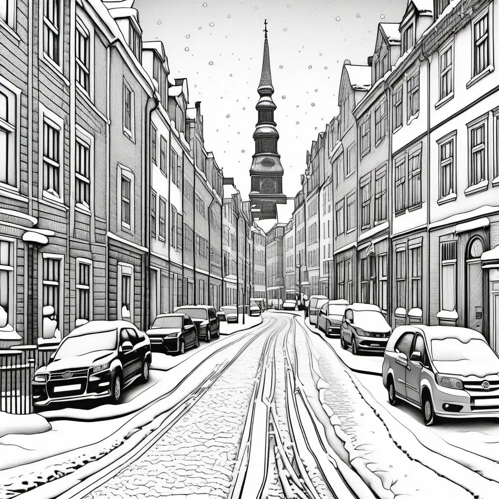 highly detailed winter coloring page for adults copenhagen street scene black and white no people





