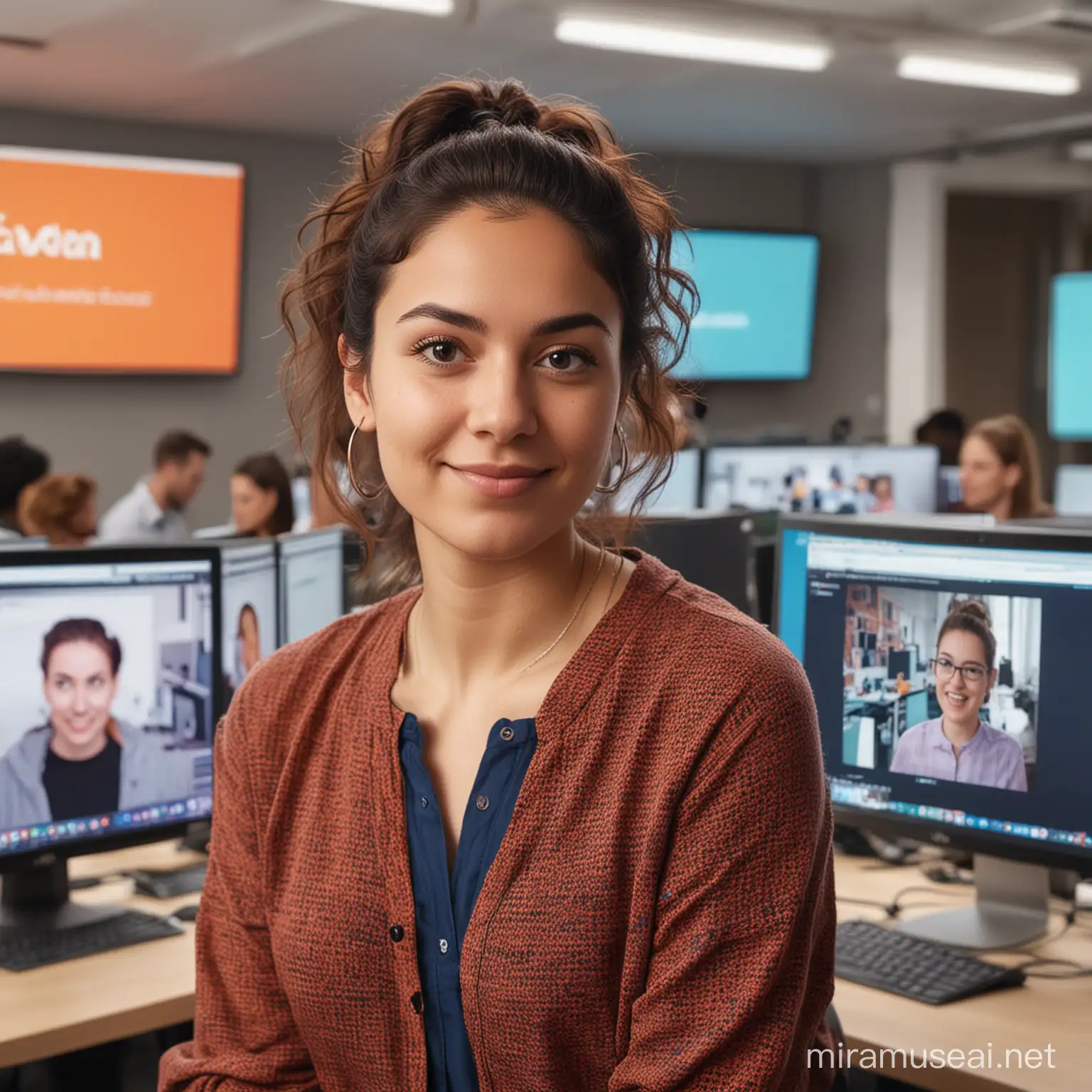 Design an image of Maya, a software developer at Lydia, in a vibrant workspace. Show her passion for innovation with digital screens and a diverse team in the background. This image is for the 'Faces of Lydia' campaign, highlighting employee diversity and creativity.