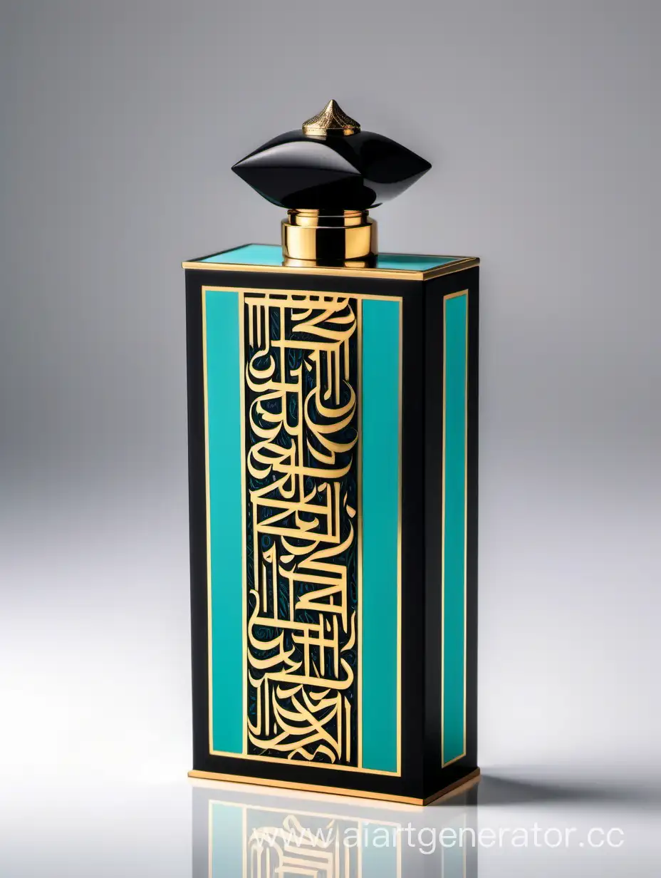 Dark dark matt black and gold Turquoise  luxury perfume rectangle vertical box 75% lines with Arabic Calligraphy on white background
