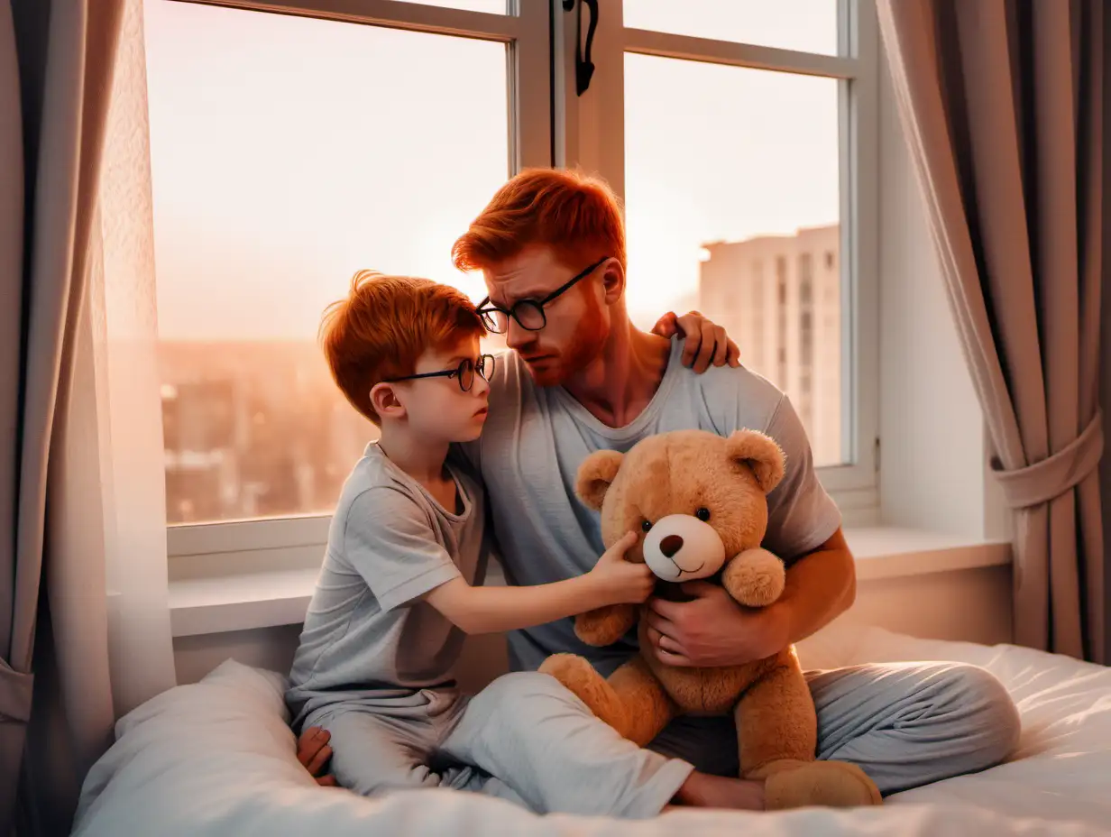 Handsome redhead man muscular stubbles glasses show hairy chest show abs pajamas  comforting his crying little brother bedroom teddy bear wholesome window sunset