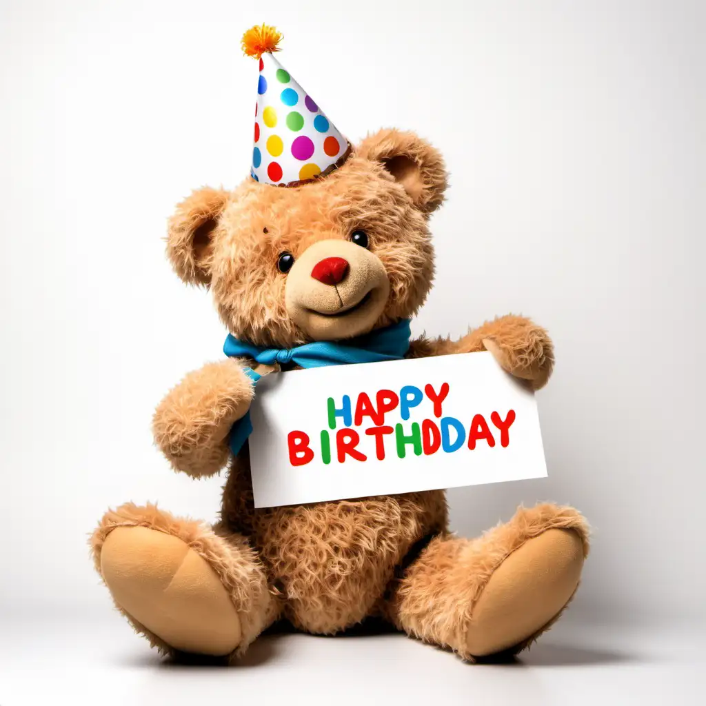smiling teddy bear holding a happy birthday banner with a white background